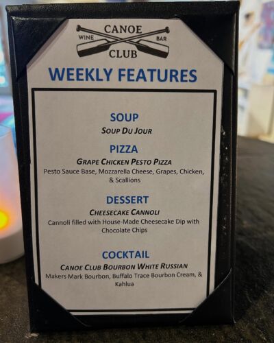 🌼New Weekly Features🌼🥣 Soup Du Jour
🍕 Grape Chicken Pesto Pizza
🍰 Cheesecake Cannoli
🥃 Canoe Club Bourbon White Russian

All I can say is, HOLY CANNOLI! If you haven’t tried our Cheesecake Cannoli, then you are not living your best life! 

The Grape Chicken Pesto Pizza Pizza is a fan favorite and a must try! 

The Bourbon White Russian is almost too good to just sip! 

Come in and try these specials! You won’t regret it! 

Cheers! 

canoeclubwinebar21 eatdrinkandbemerry meetmeatthecanoeclub marbleheadohio notsaltyjustgreat livelakelove ottowacounty lakeerieliving Catawba catawbaisland eatdrinklocal supportlocalbusinesses supportlocalmusic supportlocalartists winebar lakeerielove lakeerieshoresandislands cheers