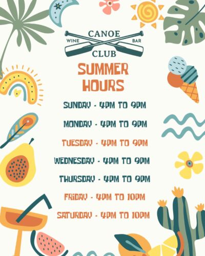 ☀️New Summer Hours are HERE!!☀️**We are now open 7 days a week! Friday and Saturday we will remain open until 10pm! 

Cheers! 

canoeclubwinebar21 eatdrinkandbemerry meetmeatthecanoeclub marbleheadohio notsaltyjustgreat livelakelove ottowacounty lakeerieliving Catawba catawbaisland eatdrinklocal supportlocalbusinesses supportlocalmusic supportlocalartists winebar lakeerielove lakeerieshoresandislands cheers summertime summervibes