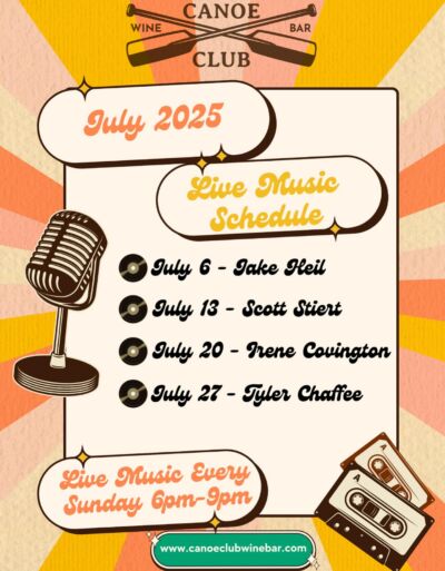 🎶July Music Schedule🎶July 6 - Jake Heil
July 13 - Scott Stiert
July 20 - Irene Covington
July 27 - Tyler Chaffee

Cheers!