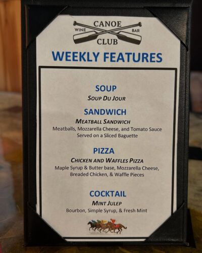 New Weekly Features Have Arrived🥣 Soup Du Jour
🥪 Meatball Sandwich 
🍕 Chicken & Waffles Pizza
🍹 Mint Julep

Ok, so imagine chicken and waffles BUT on our delicious crust with cheese and sprinkled with cinnamon, sugar & maple. It’s soooo good and a must try!! 

Cheers! 

canoeclubwinebar21 eatdrinkandbemerry meetmeatthecanoeclub marbleheadohio notsaltyjustgreat livelakelove ottowacounty lakeerieliving Catawba catawbaisland eatdrinklocal supportlocalbusinesses supportlocalmusic supportlocalartists winebar lakeerielove lakeerieshoresandislands cheers